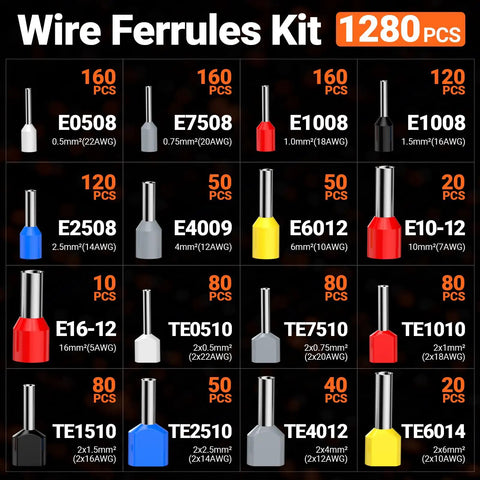 Ferrule Crimping Tool Kit Pro Grade With AWG 28 To 5 Hex Ferrule Crimper 850 Single Ferrules And 430 Twin Ferrules display chart