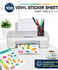 Vinyl sticker sheets pack, 100 sheets, white matte, 8.5 x 11, front view with printer