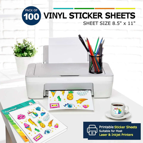 Vinyl sticker sheets pack, 100 sheets, white matte, 8.5 x 11, front view with printer