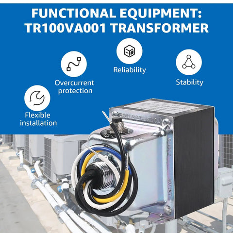 100VA 120V To 24V AC Transformer With Built In Circuit Breaker displayed with wiring and features on blue background