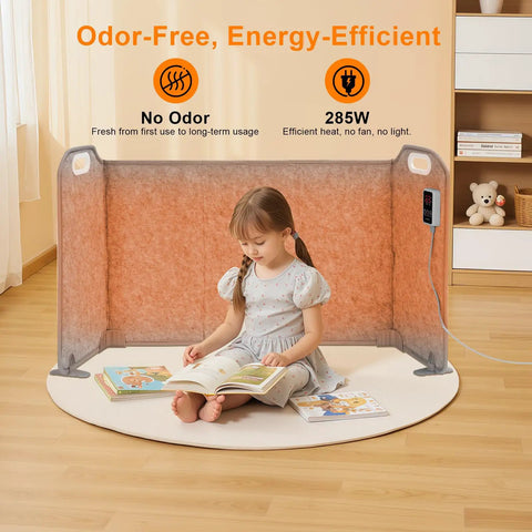 Child reading near foldable under desk heater with blanket cozy five fold plus size eight temperature levels leg and foot warmer