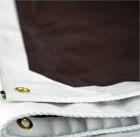 Close-up of HydraTarp Super Beefy Heavy Duty 16 Mil Tarp, 18x24 ft, showing reversible white and brown material with brass grommets.