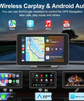 Wireless CarPlay Screen With Fast Auto Connect 7 Inch Portable Android Auto Display showing GPS navigation and apps.