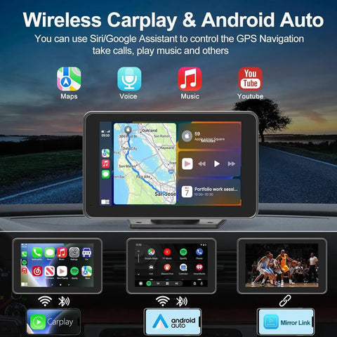 Wireless CarPlay Screen With Fast Auto Connect 7 Inch Portable Android Auto Display showing GPS navigation and apps.