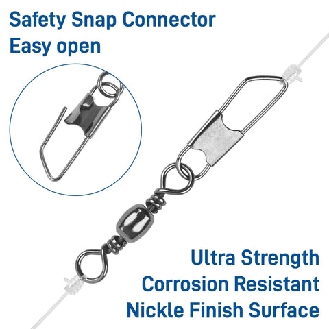 Heavy Duty Fishing Snap Swivels With Barrel Swivel And Safety Snap Lure Connector, 360 Degree Spin For No Twist, Stainless Steel Copper Build, Pro Grade Strength, Wear Resistant, Corrosion Resistant Gear For Freshwater And Saltwater close-up, nickel finish