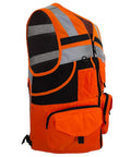 High Visibility Reflective Safety Vest With Heavy Duty Construction And Plenty Of Pocket Space For Tools On Any Job Site Hella Bright Orange Unisex Work Vest In Three X Large Size, side view showcasing pockets and mesh.