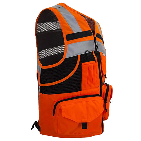 High Visibility Reflective Safety Vest With Heavy Duty Construction And Plenty Of Pocket Space For Tools On Any Job Site Hella Bright Orange Unisex Work Vest In Three X Large Size, side view showcasing pockets and mesh.