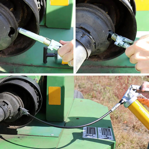 Grease Gun Coupler XL Universal Fit With 3.5 Inch Extra Reach for Recessed Fittings in use on machinery outdoors.