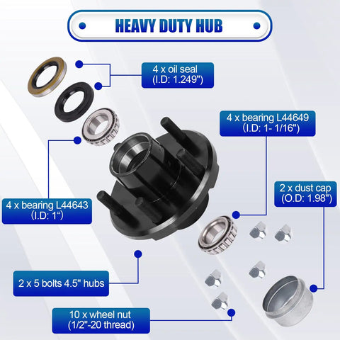 Diagram of Trailer Hub Kit With 5 On 4.5 Inch Bolt Pattern For 2000 Lb Axles Includes 1 Inch And 1-1/16 Inch Straight Spindle Bearings L44643 L44649