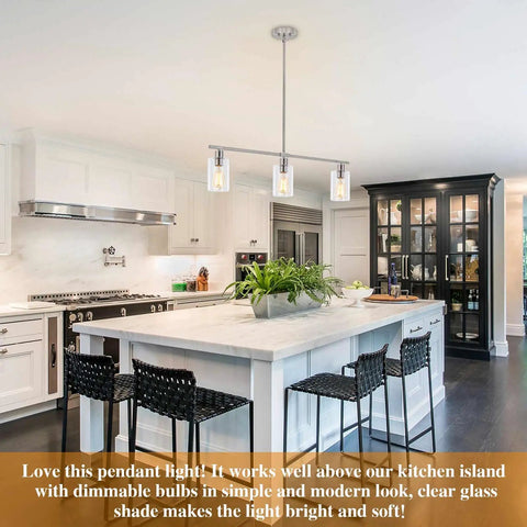 Brushed Nickel Glass Pendant Lighting Over Island Three Light Modern Kitchen Pendant With Glass Shade Industrial Linear Pendant