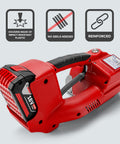 Close-up of a red Battery Powered Premium Industrial Strapping Tool for Three Quarter Inch PET and PP with 4000mAh Bosch Battery.