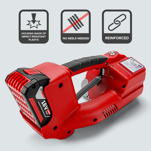 Close-up of a red Battery Powered Premium Industrial Strapping Tool for Three Quarter Inch PET and PP with 4000mAh Bosch Battery.