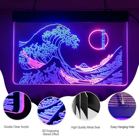 Great Wave Off Kanagawa LED Neon Sign Blue Pink Wall Art Dope Ukiyoe Inspired Neon Light For Living Room Bedroom 12x16 Inches Modern Room Decor Vibe Now, showing blue pink glow wave and sun