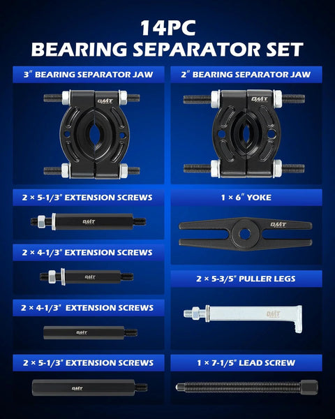 14-piece 5 Ton Bearing Puller Set with 2 and 3 inch jaws and separator tools displayed on blue background