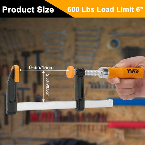 Four Pack 6-Inch Bar Clamps For Woodworking Heavy-Duty Steel F-Clamps With 300 Lb Load And Ergonomic Handles Ideal For Glue-Ups DIY Projects Home Renovations Garage Or Workshop Woodworking, 6-inch clamp size shown