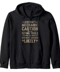 Aircraft Mechanic Caution Flying Tools Zip Hoodie For Aviation Technicians And AMTs with tool-themed print on black fabric