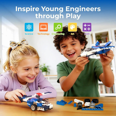 Children playing with 12-In-1 STEM Building Blocks Kit Ages 4 To 8 139 Pieces Fighter Jet Model, app and paper guides visible