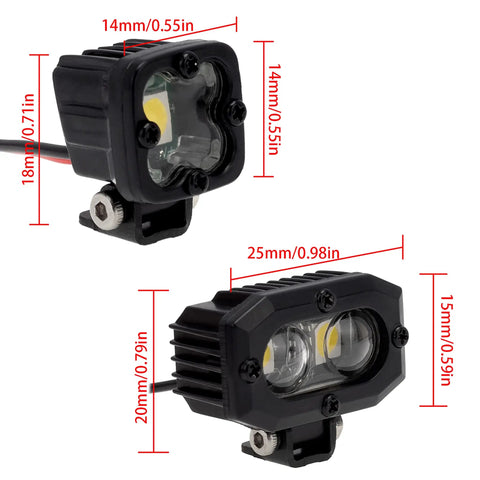 Ultrabright compact LED RC car lights with angle adjustable mounts, dimensions marked, for 1/10 scale crawlers and more.