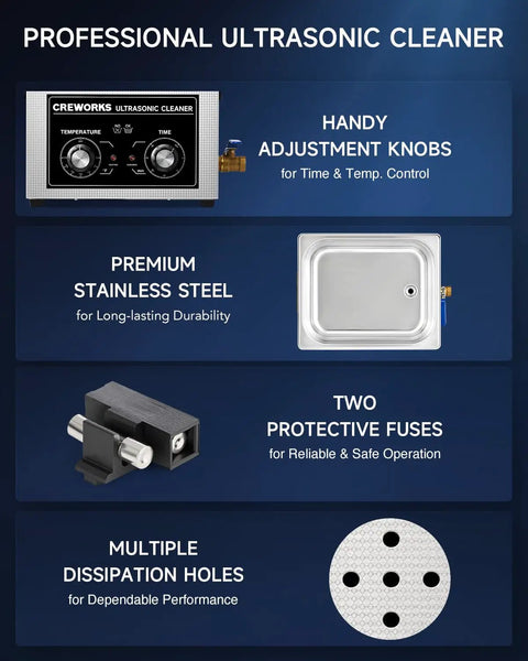 Kick Ass Heavy Duty 2 6 Gallon Ultrasonic Parts Washer With 240 Watt Heating and Manual Knob Controls, stainless steel design, detailed view.