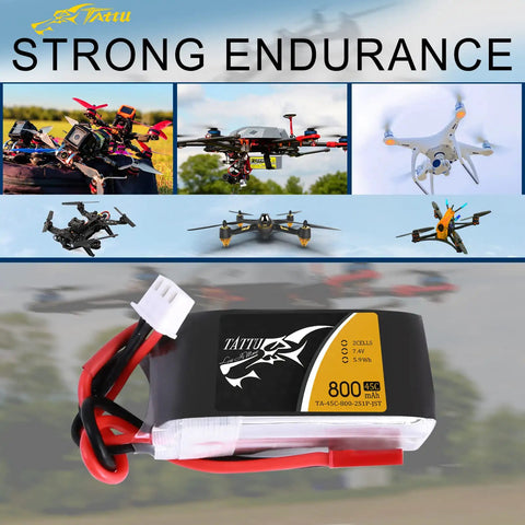 800mAh 7.4V 45C 2S1P LiPo Battery Pack With JST SYP Plug For Small FPV Drones Torrent 110 shown with drones in flight