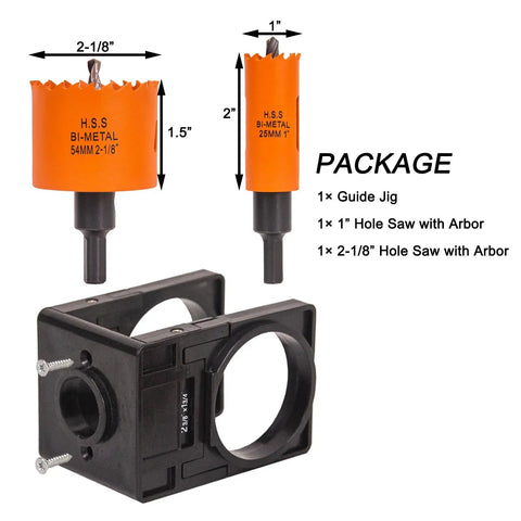 Door Lock Installation Kit With Adjustable Jig, One Inch And Two And One Eighth Inch Hole Saws, Arbor Included package displayed