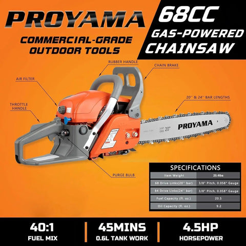 68cc Two Stroke Top Handle Gas Chainsaw With 24 Inch Bar For Heavy Duty Tree Cutting Firewood Prep Storm Cleanup Anti Vibration System And Ergonomic Comfort displayed with specifications and features.