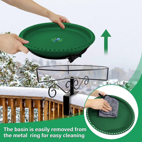 Hands holding a green basin of the Built Different 100W Heated Bird Bath For Deck Railing With Smart Thermostat for easy cleaning.