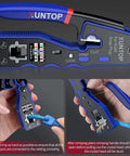 RJ45 Crimp Tool Kit For Cat5 Cat5e Cat6 Cat6a Ethernet With Pass Through Connectors, showing usage and wiring guides