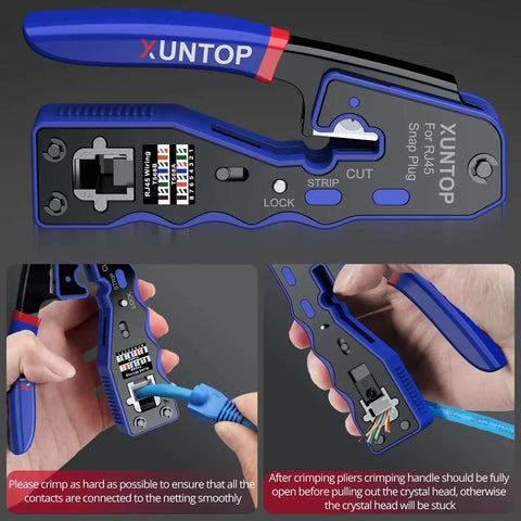 RJ45 Crimp Tool Kit For Cat5 Cat5e Cat6 Cat6a Ethernet With Pass Through Connectors, showing usage and wiring guides
