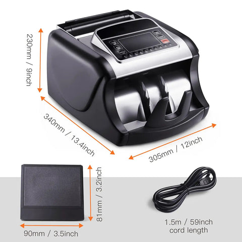 Fast Money Counter Machine With UV MG IR Counterfeit Detection, Handles Up To 1000 Notes Per Minute, shown with dimensions and power cord