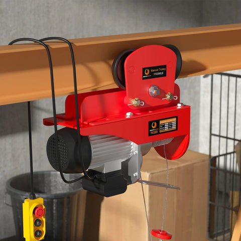 Electric Hoist Manual Trolley For 1.96 To 6.69 Inch I Beams Wide Flange 1 Ton Capacity shown installed on beam