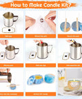 Step-by-step guide of All In One DIY Candle Making Kit for Adults With Beeswax Essential Oils Dyes Wicks And Tins No Fuss Beginner Friendly Craft Gift Set For Holidays And Home Scent Creations showing wax pouring and candle setup.