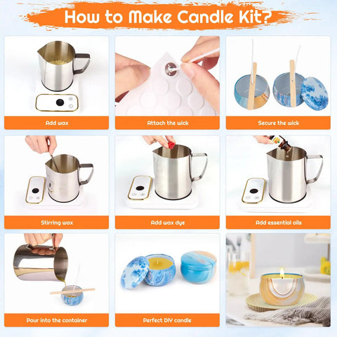 Step-by-step guide of All In One DIY Candle Making Kit for Adults With Beeswax Essential Oils Dyes Wicks And Tins No Fuss Beginner Friendly Craft Gift Set For Holidays And Home Scent Creations showing wax pouring and candle setup.