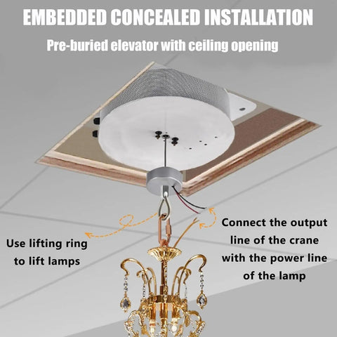 Heavy Duty Electric Chandelier Hoist With Remote And Wall Switch For Villas Featuring 6 Meter Lift Stroke installation view with chandelier and ceiling setup.