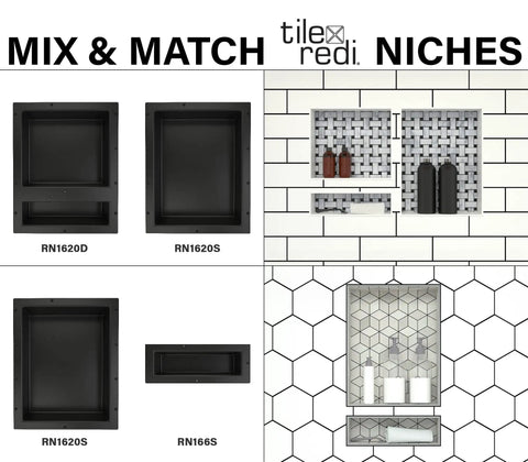 Recessed Shower Niche With Built In Shelf Tile Ready Black Finish 20 Inches High By 16 Inches Wide One Inner Shelf All In One Shower Storage For Any Shower Install Horizontal Or Vertical mix and match options image