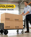 Man using 3-in-1 Aluminum Hand Truck Dolly With 600 Lb Capacity in warehouse, transporting boxes on folding trolley