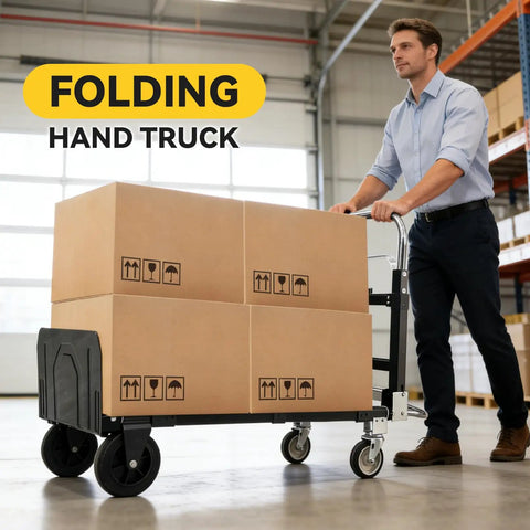 Man using 3-in-1 Aluminum Hand Truck Dolly With 600 Lb Capacity in warehouse, transporting boxes on folding trolley