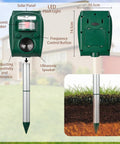 Solar Ultrasonic Animal Repellent For Outdoor Use With Dual Sonic Pulse And Flashing LED Defense, Humane Cat, Dog, Deer, Rabbit, Squirrel, And Raccoon Deterrent, No Traps, 2 Pack, Weatherproof And Easy Setup, green solar stake, front and back view, 14.5cm x 10.5cm