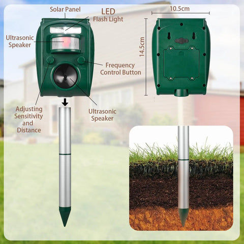 Solar Ultrasonic Animal Repellent For Outdoor Use With Dual Sonic Pulse And Flashing LED Defense, Humane Cat, Dog, Deer, Rabbit, Squirrel, And Raccoon Deterrent, No Traps, 2 Pack, Weatherproof And Easy Setup, green solar stake, front and back view, 14.5cm x 10.5cm