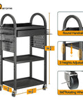 Power Tool Organizer Cart With Dual-Sided Drawers On Wheels Featuring 8-Outlet Charging Station And Pegboard Accessories, Heavy Duty Tool Storage Rolling Cart For Garage Workshop And Home Storage showing adjustable shelves and wheels.