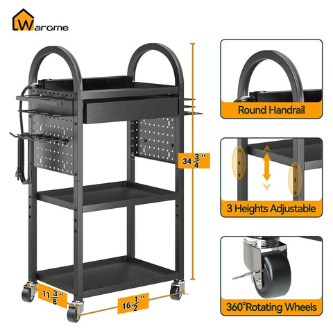 Power Tool Organizer Cart With Dual-Sided Drawers On Wheels Featuring 8-Outlet Charging Station And Pegboard Accessories, Heavy Duty Tool Storage Rolling Cart For Garage Workshop And Home Storage showing adjustable shelves and wheels.