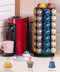 VertuoLine Coffee Pod Carousel Holder With 360 Degree Rotation And Extra Top Shelf Holds 80 Plus Nespresso Vertuo Pods, black metal storage, on kitchen counter next to coffee machine.