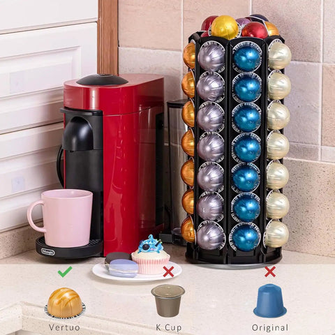 VertuoLine Coffee Pod Carousel Holder With 360 Degree Rotation And Extra Top Shelf Holds 80 Plus Nespresso Vertuo Pods, black metal storage, on kitchen counter next to coffee machine.