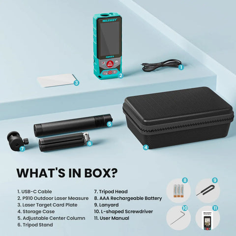 Laser Measure 328 Feet Distance Meter With Two Bubble Levels, 1 Sixteenth Inch Accuracy shown with box contents