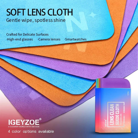 Cuatro paños de microfibra de colores apilados para limpiar lentes, con la descripción «Paquete de ocho paños de microfibra para limpiar lentes de gafas, pantallas, cámaras, VR y AR».