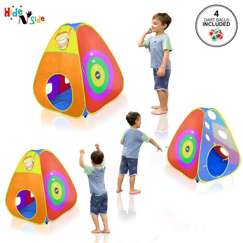 Epic Ball Pit Play Tent Set For Kids with colorful dart target and pop-up design, boy playing with darts, multiple angles shown