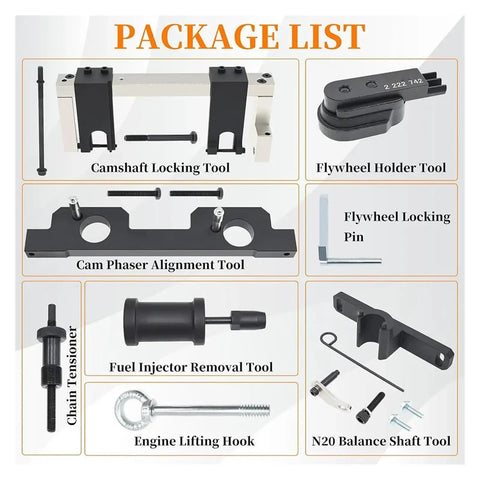 Built Tough 17 Piece Camshaft Alignment And Timing Tool Kit For BMW N20 And N26 Engines with various tools in the package list.