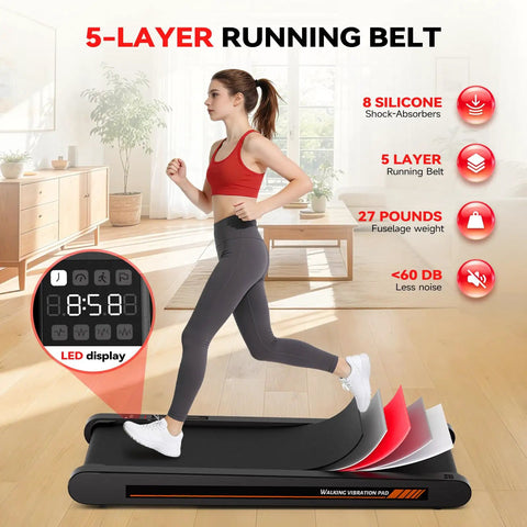 Under Desk Vibration Treadmill With 3 In 1 Vibration Plate for home gym, woman jogging in living room, LED display, low noise, running belt diagram