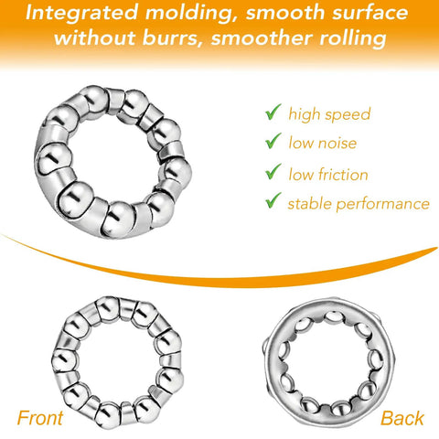 Front and back view of Bike Crank Bearing Set, 4 Pieces Stainless Steel Ball Bearings, 5/16 Inch Ball Size, retainer for axle wheel frame