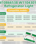 Refrigerator LED Light Module Replacement For Compatible Models W10866538 AP6047972 PS12070396 shown with compatible models list